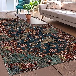 bamyum Kinevart Bedruckter Chenille-Teppich - Maschinell Hergestellt 120 x 180 cm, Waschbar Multıcolor, Vintage Schlafzimmer, Antibakteriell Antirutschunterlage Küchenteppich