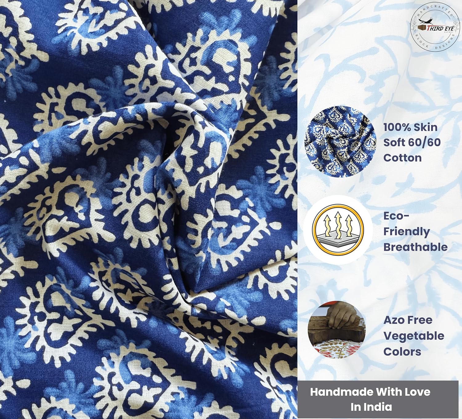 Indian Hand Block Print 60/60 Indigo Blue 100% Cotton Fabric by The Yard, Lightweight Floral Quilting & Sewing Fabric for Dressmaking, Upholstery & DIY Craft (TS-112 Indigo Blue, 5 Yard Pre Cut)
