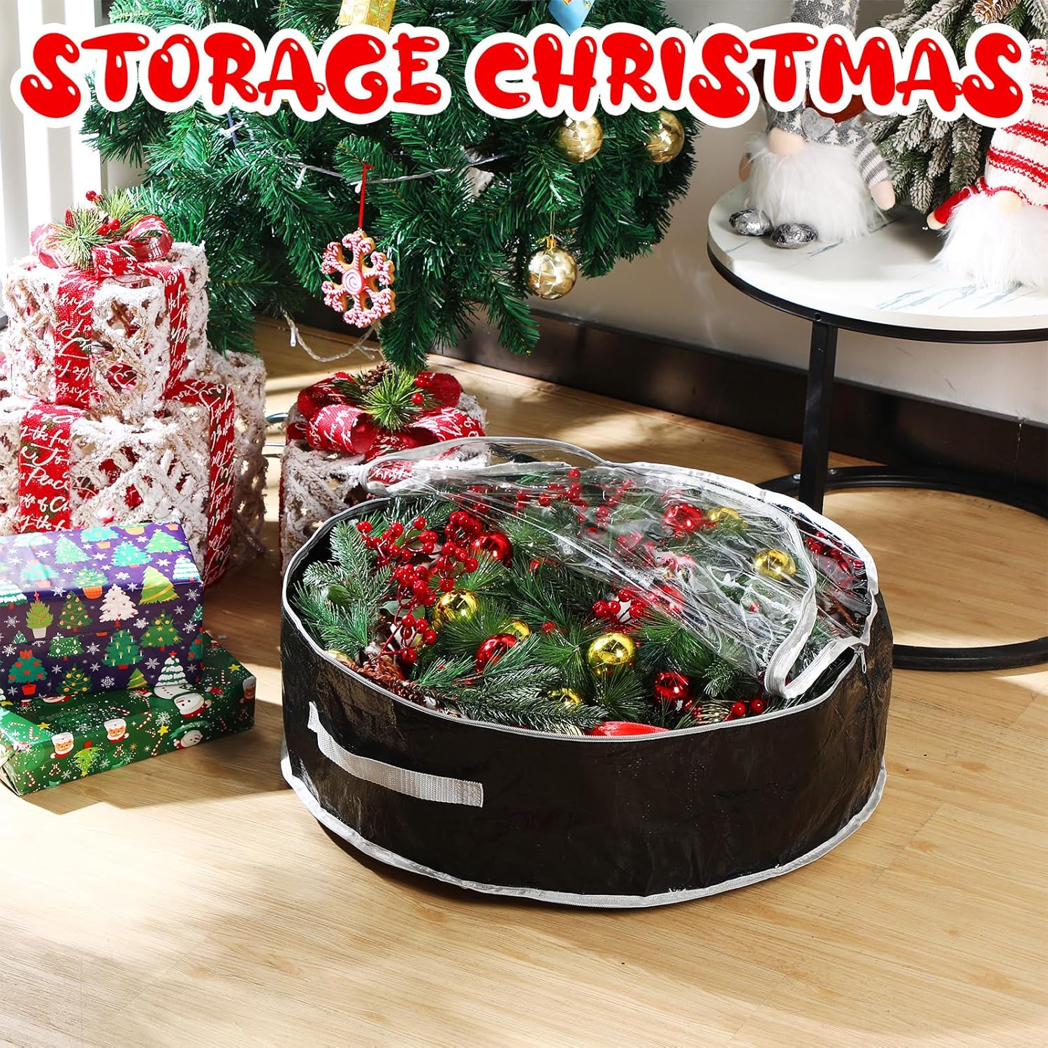 Aliceset 4 Pack Wreath Storage Containers, Ornament Garland Wreath Storage Bags with Handle Zipper Decorative Storages Box for Winter Valentine Wreaths(24 x 24 x 7.8 Inch,Black)