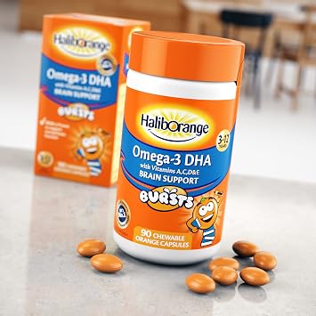 Haliborange Kids Omega- 3 مع فيتامينات 90 كبسولات انفجار الفاكهة القابلة للمضغ البرتقالية