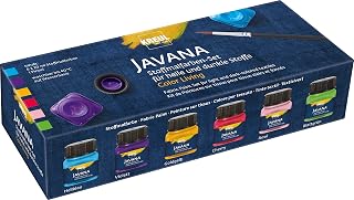 KREUL 90597 - Javana Stoffmalfarben für helle und dunkle Stoffe, Set Color Living, 6 x 20 ml und ein Pinsel, brillante Farbe mit pastosem Charakter, nach Fixierung waschbeständig