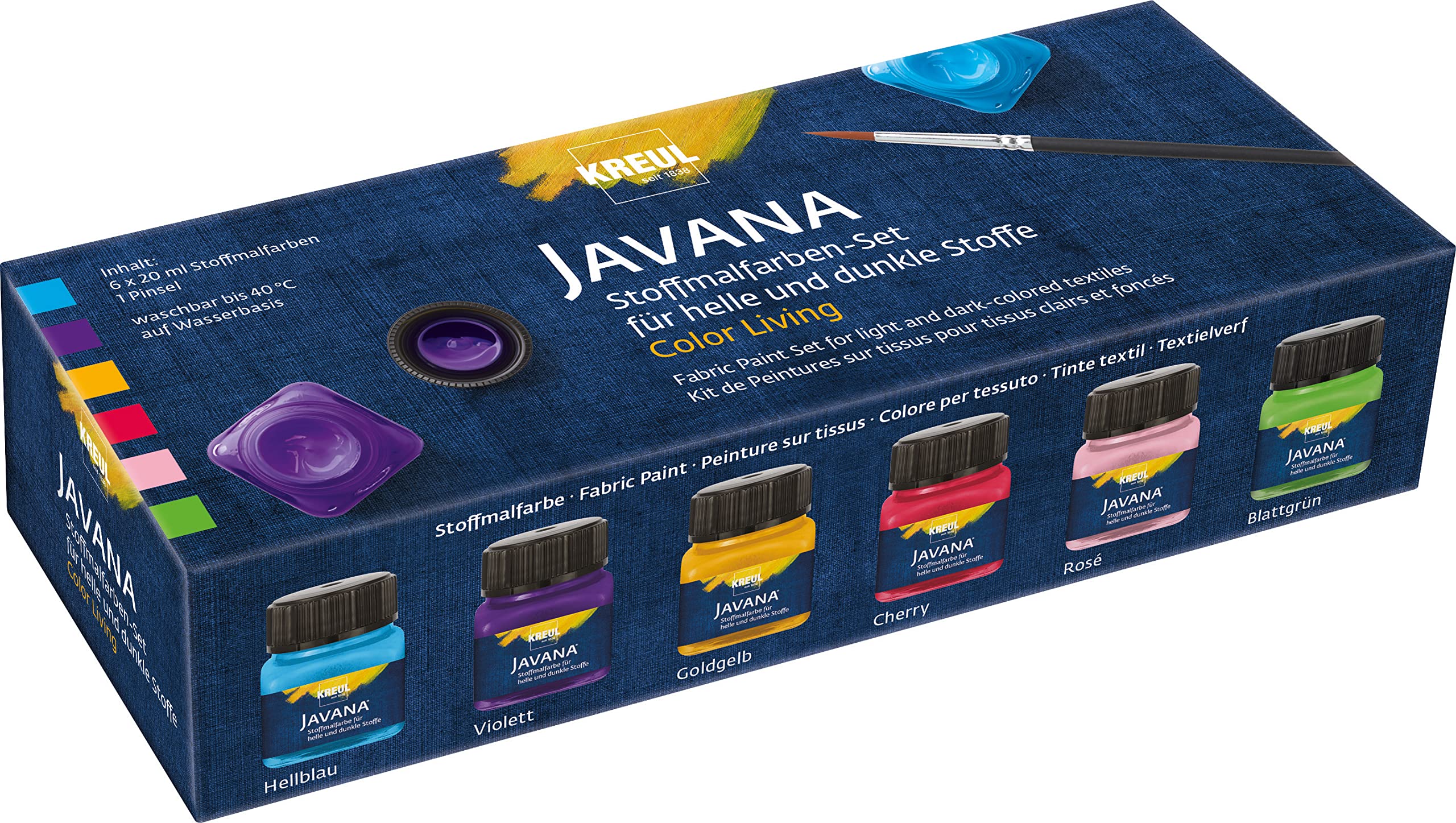 KREUL 90597 - Zestaw farb do tkanin Javana Color Living z 6 x 20 ml farbą o pastelowym charakterze i pędzelkiem, do jasnych i ciemnych tkanin, do prania po utrwaleniu.