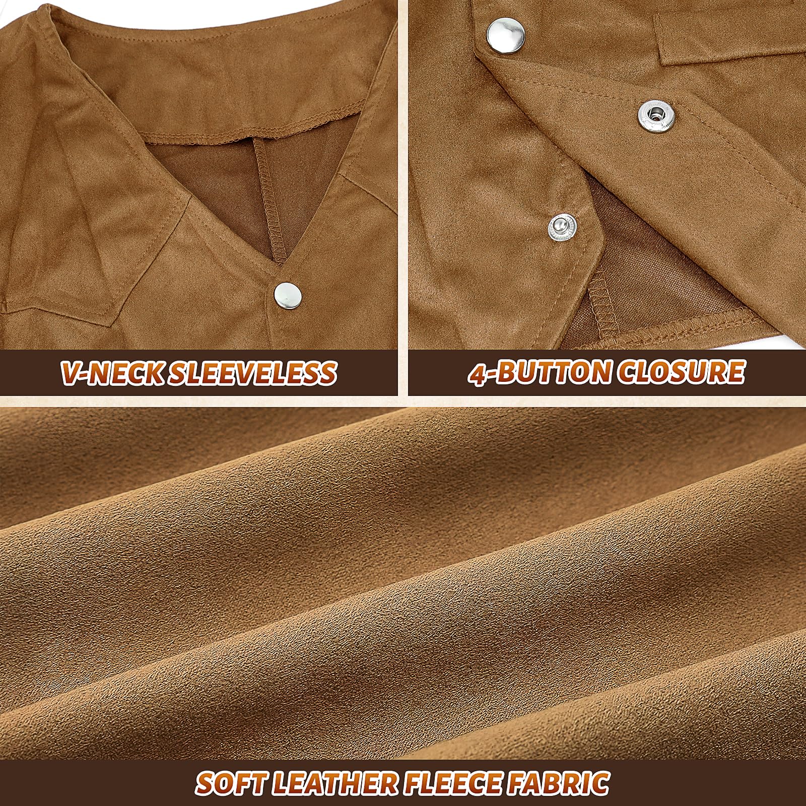 JTKDG 4 Pcs Western Cowboy Fancy Dress Accessories Set Wild West Cowboy Outfit Kit for Men Suede Leather Vest Hat Necktie Buckle Belt for Halloween Costume Party (Brown - Image 4