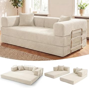 Vipbear 2 Seater Boneless Sofa Bed,Double Modular Futon Couch Cream White | 5-in-1 Convertible Couch|Corduroy Fabric|Sofa Cum Folding Bed|Compressed Pack|160cm Fixed-Shape Frame|Bedroom Living Room