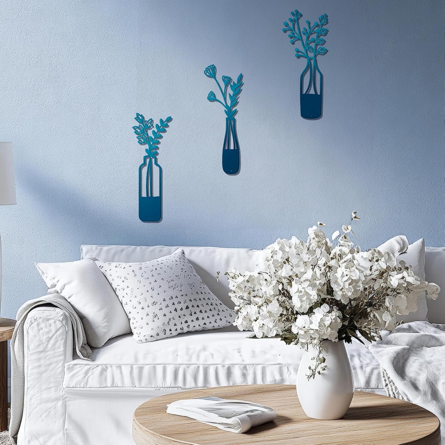 3-Piece Metal Flower Wall Art - Rustic Farmhouse Black Minimalist Vase Wall Decor for Living Room, Bedroom, Bathroom, Dining Room - Modern Floral Wall Hanging Home & Housewarming Gift (Teal, 12"L x 5"W)