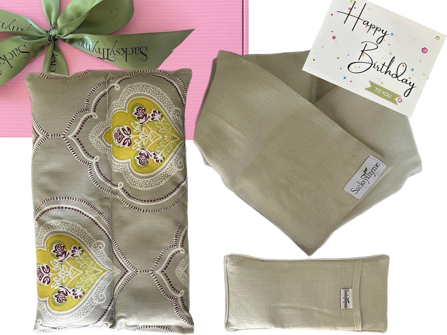 Sacksy Thyme Birthday Gift Set - 2 Piece- Lavender Heating Pad & Linen Eye Pillow - Luxury Happy Birthday Gift Set for Women, Unique Women's Gift Basket, Card for Personalized Message, Heating Pad