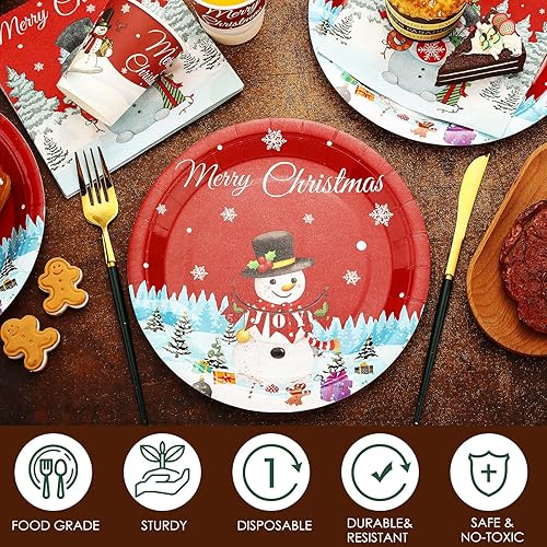 Miniatura 3 de Skylety Juego de 200 piezas de vajilla de Navidad con diseño de muñeco de nieve para fiestas, vajilla desechable de papel de muñeco de nieve para 50