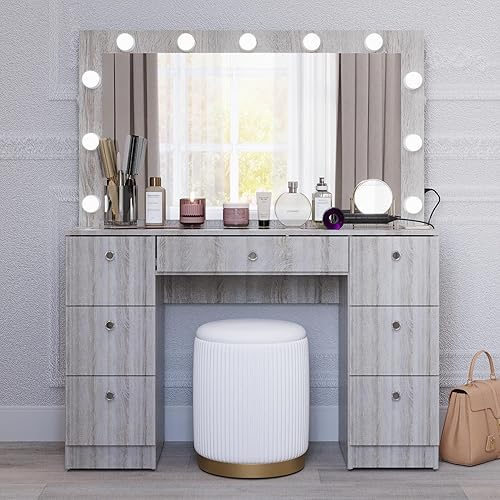 Boahaus Yara Large Makeup Vanity Desk with Mirror, Hollywood Lights, 7 Drawers, USB Type-C & Type-A Ports, 110V Power Outlet, Hair Dryer Hanger, Glass Top, and Crystal Knobs – Premium Greige Finish