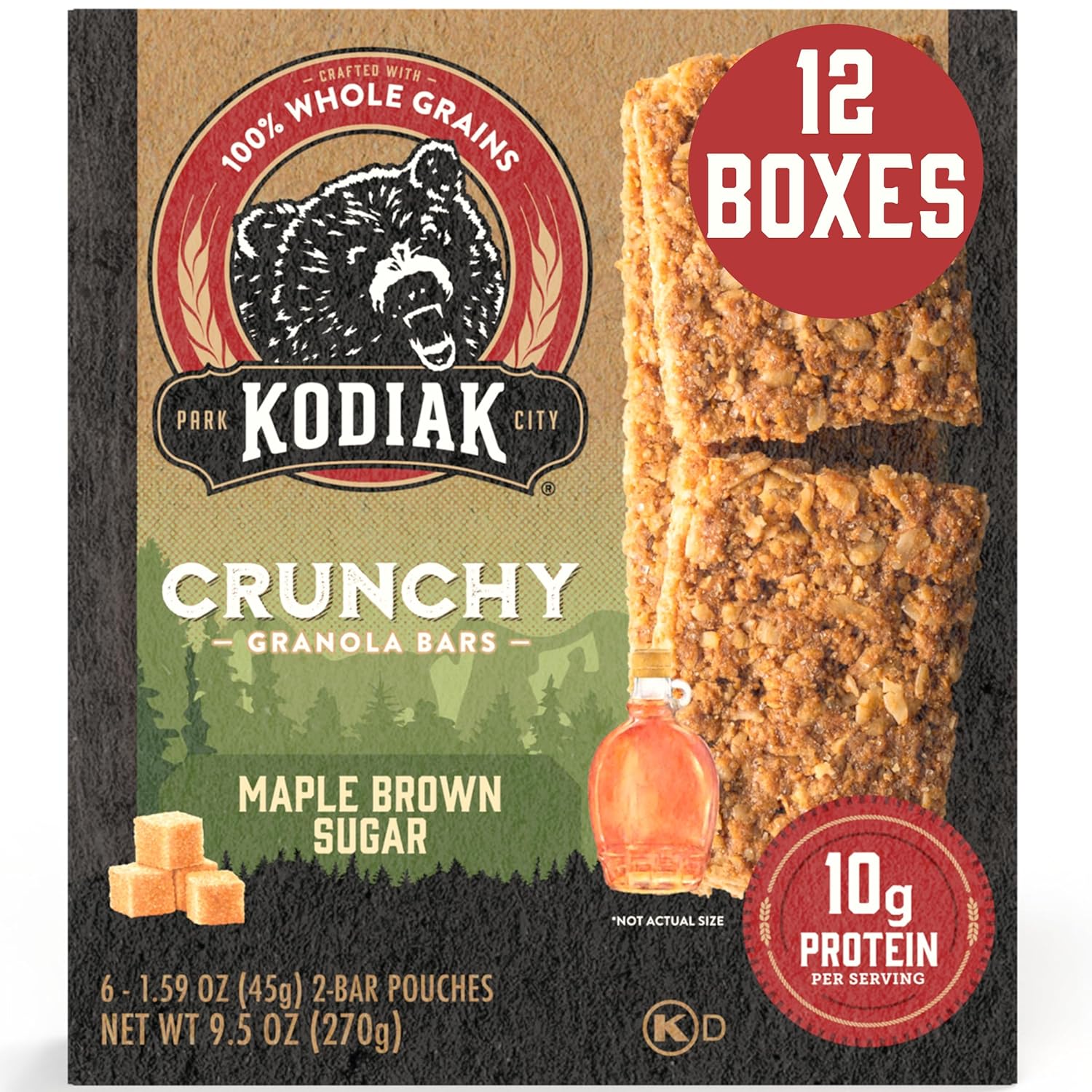 Kodiak Cakes Crunchy Granola Protien Snack Bars, Maple Brown Sugar, High Protein, 100% Whole Grains, 12 boxes with 6 pouches (144 bars)