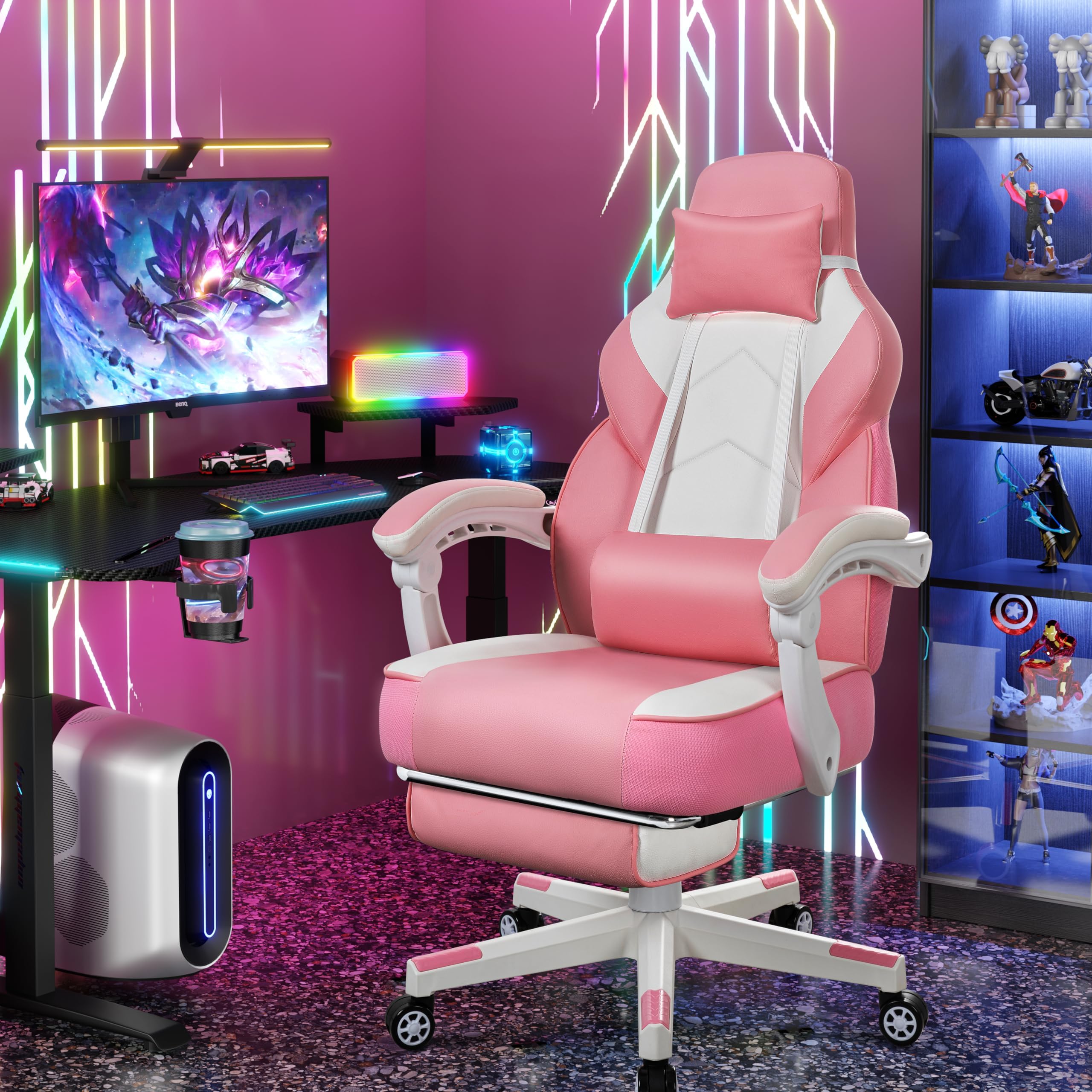 Video Game Chair for Adults, Gaming Chair with Footrest, Big and Tall Computer Chair with Massage Lumbar Support 330lbs Weight Capacity, Adjustable Height, 360° Swivel Seat and Headrest (Pink)