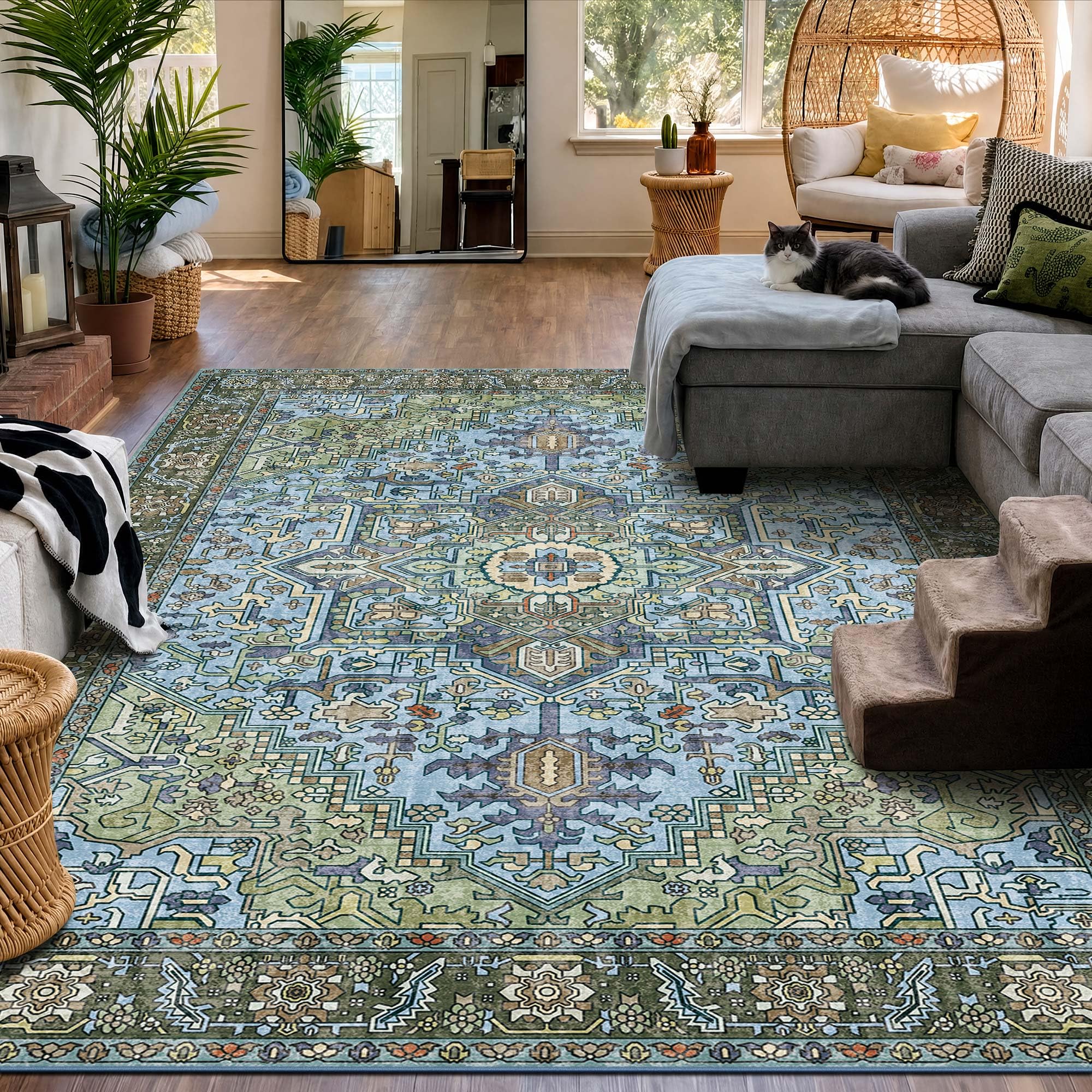 Kokia 8x10 Green and Navy Blue Vintage Boho Oriental Soft Washable Area Rug