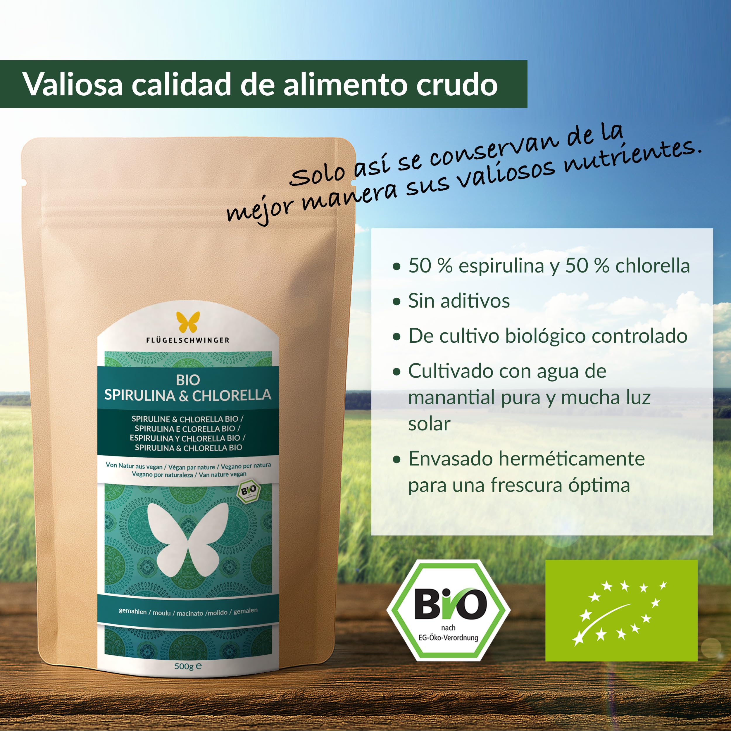 500g de polvo BIO de espirulina y chlorella, 100% natural, controlado de residuos, cultivado y producido según el estándar ecológico de la UE, calidad crudivegana, sin aditivos