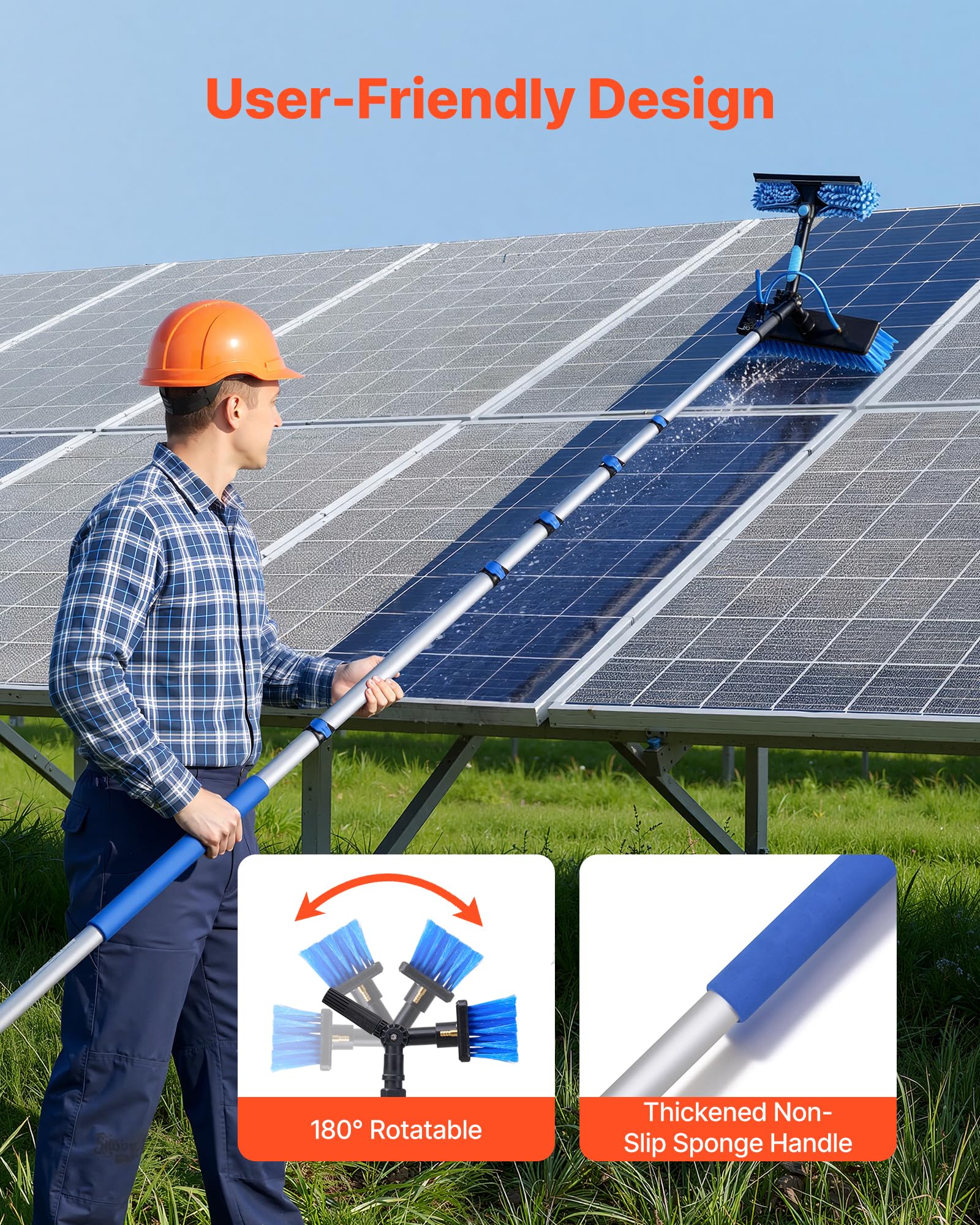 VEVOR Kit de Limpieza de Paneles Solares con Pértiga Telescópica 10 m, Cabezal Giratorio, Suministro de Agua, Dispensador de Jabón, Kit de Cepillo de Limpieza con Manguera 20 m para Terrazas Ventanas