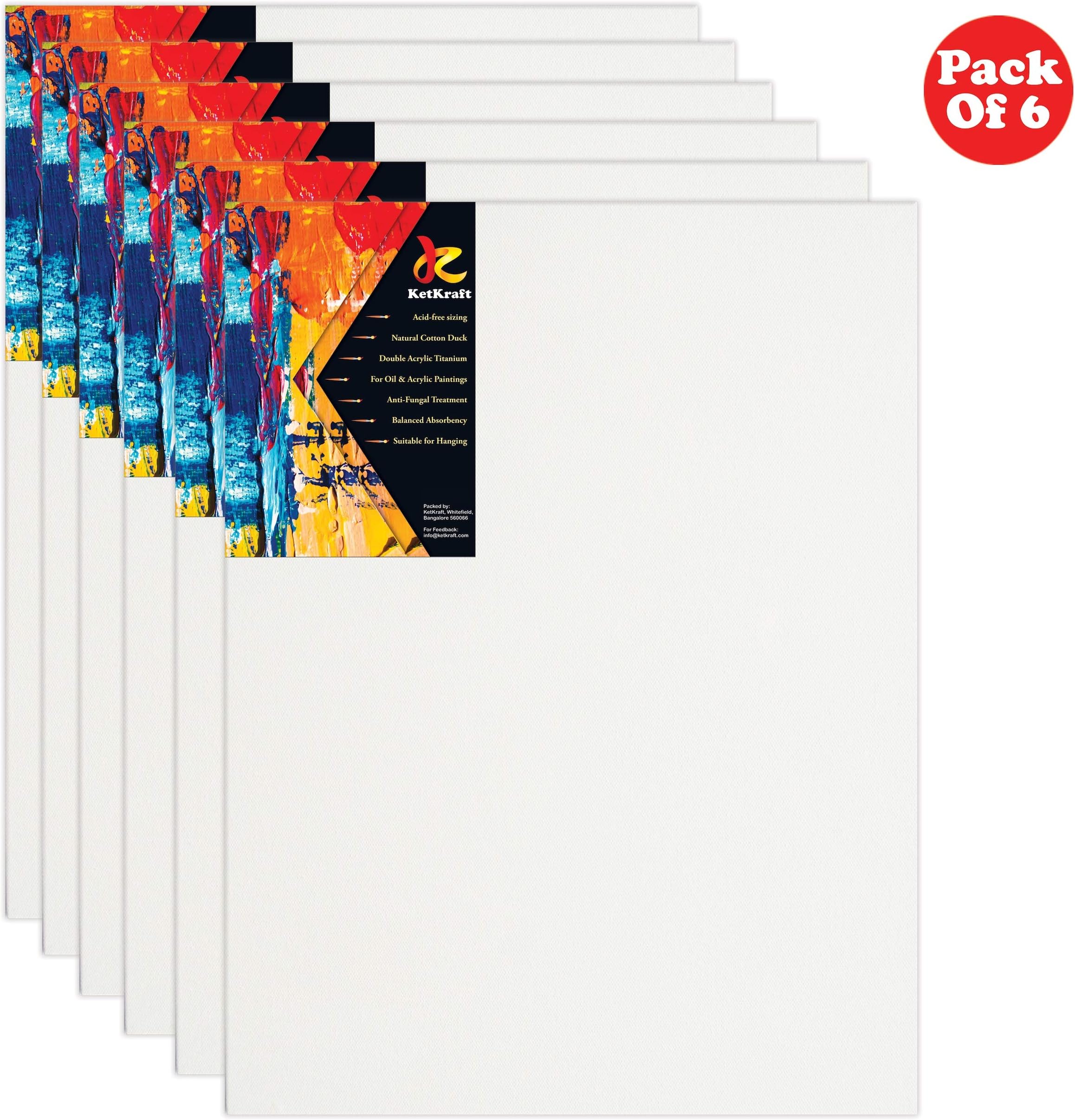 KetKraftTM Premium Canvas Heavy Board Cotton Medium Grain Acid Free Sizing Double Acrylic Titanium antifungal Treatment Natural Cotton Duck for Painting with Acrylic/Oil Colour Size:12"x16"(Set of 6)