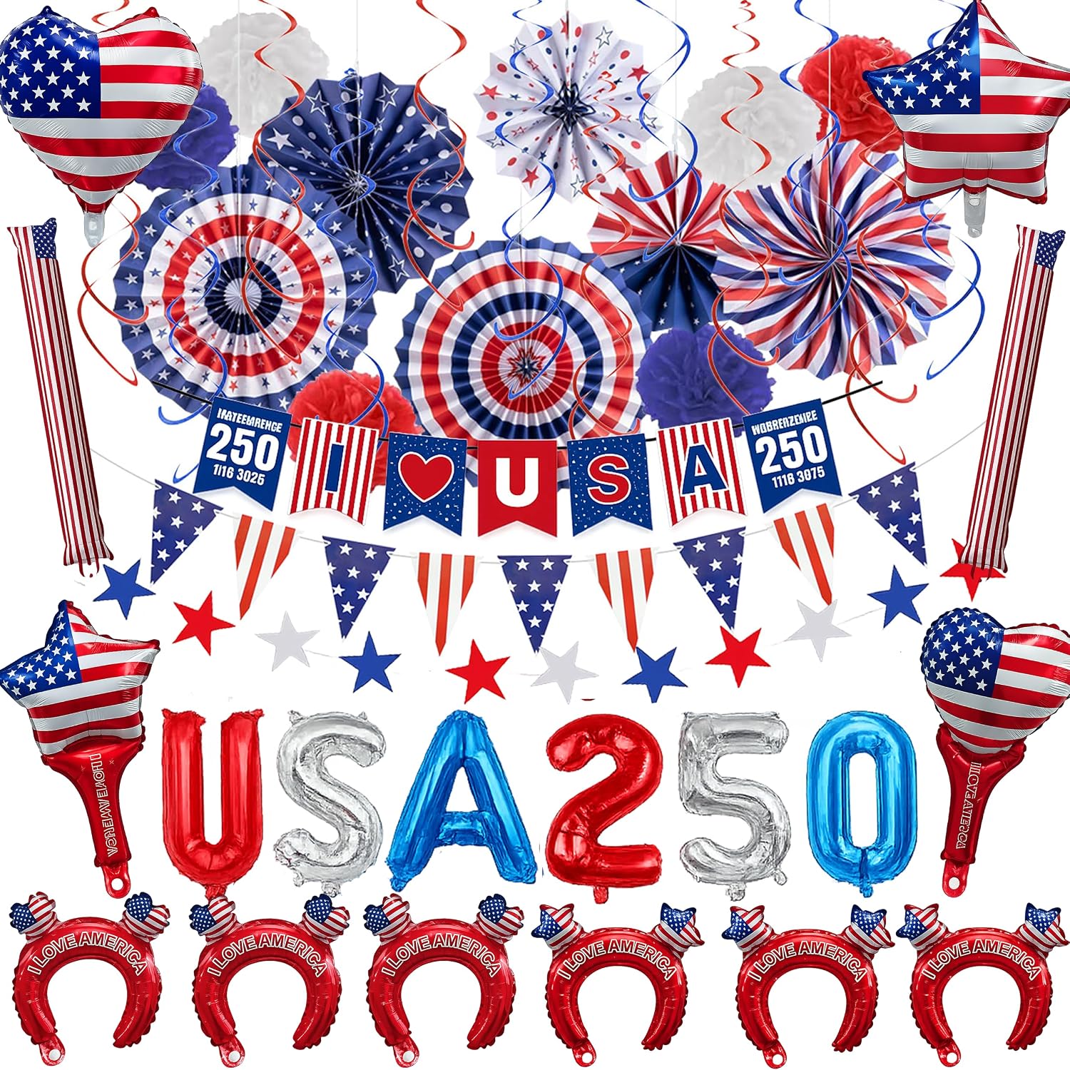 45Pcs Patriotic Decorations 4th of July Decorations LOVE USA 250 Banner Red White Blue Paper Fans Star Streamer Pom Poms Hanging Swirls for Veterans Labor Presidents Flag Memorial Day