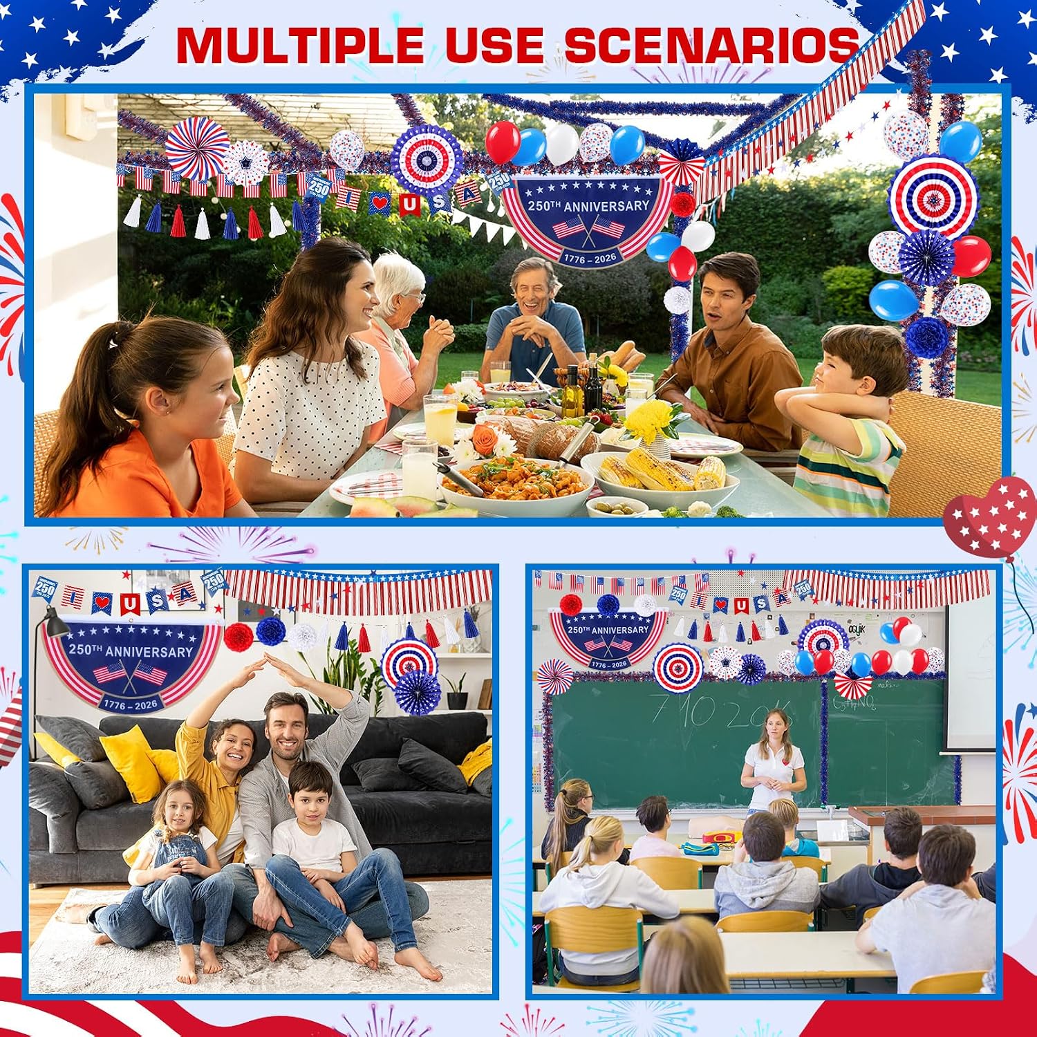 MiniInflat 4th of July Parade Car Decorations Kit, 250th Anniversary Golf Cart Decoration, Patriotic Red White Blue Decor with USA Fan Flag, Tinsel Garland, Fringe Banner, Balloon(American Flag)