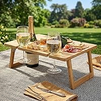 Vista 2 de Peohud Mesa Portátil de Picnic para Vino, Mesa Plegable de Picnic para Champán y Aperitivos, Mesa de Picnic Exterior de Madera con Soporte