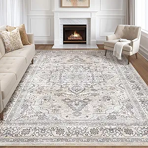 7x10 Area Rug Living Room: Washable Boho Large Neutral Vintage Soft Rugs Stain Resistant Farmhouse Non Slip Indoor Floor Carpet for Bedroom Nursery Kids Playroom Office Dining Room- Ivory Gray