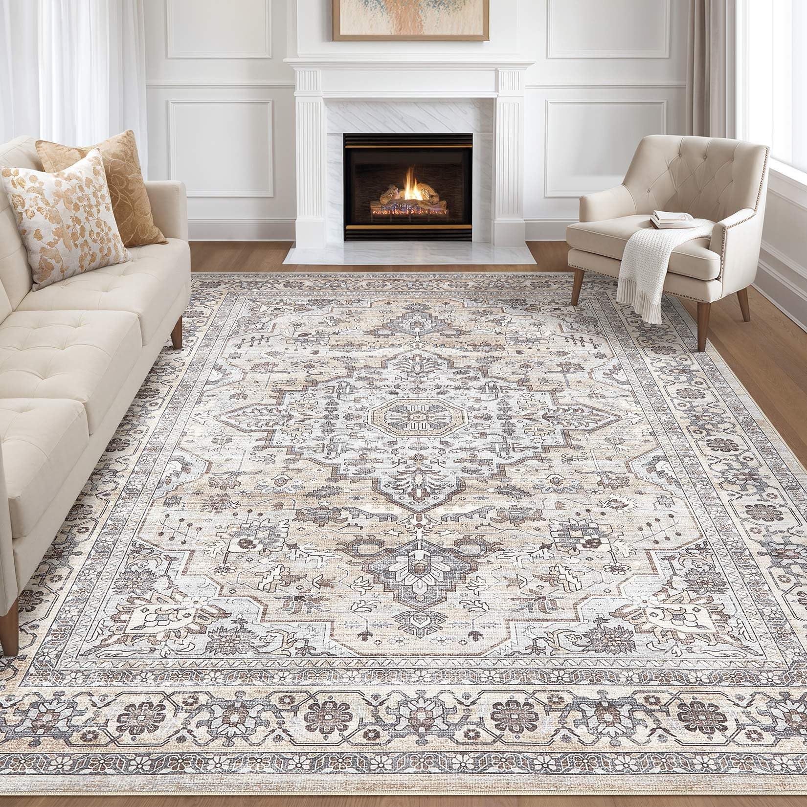 LOONGRUG 7x9 Area Rug Washable Vintage Boho Living Room Rug Ivory Gray