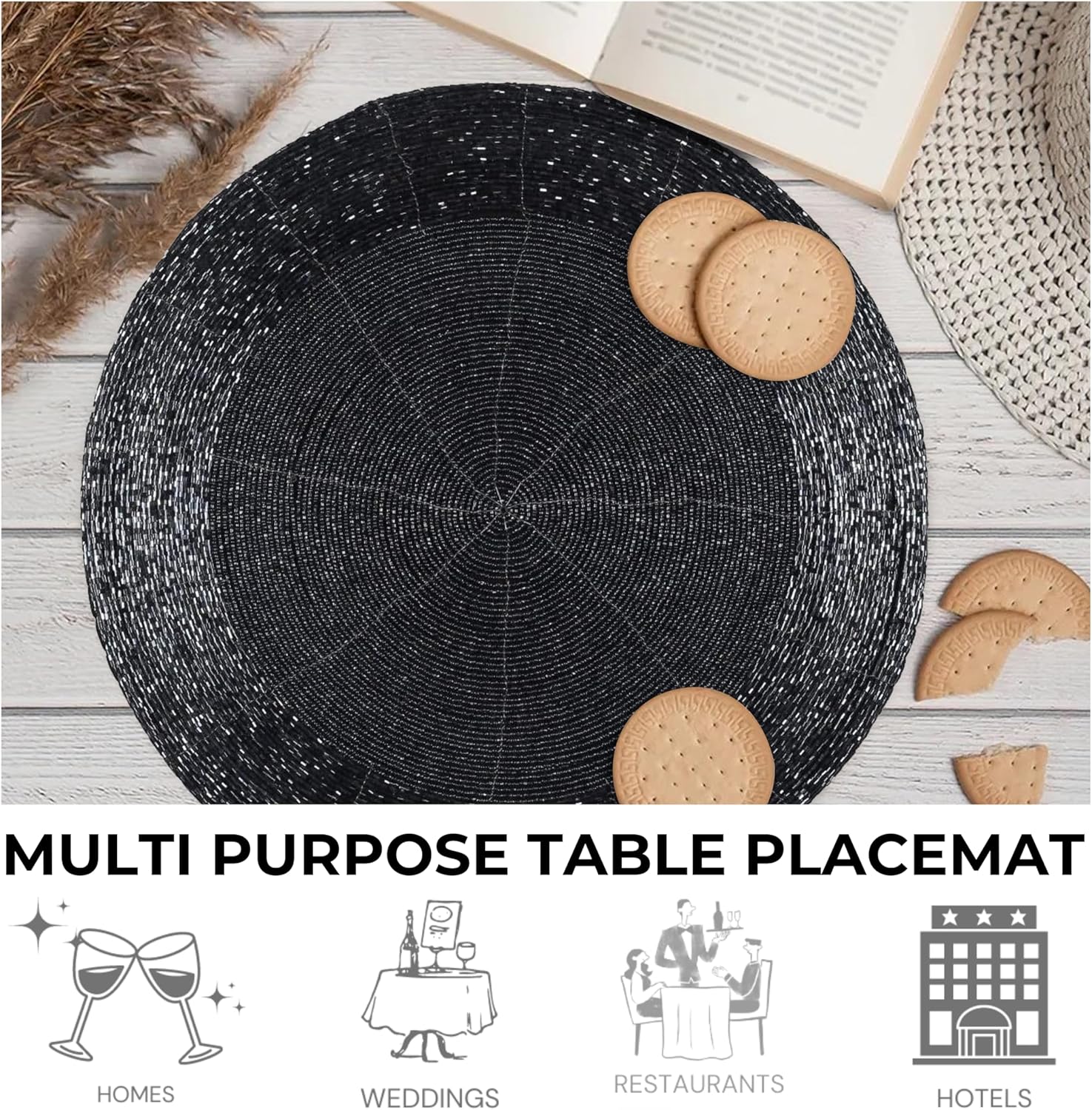Beaded Placemats/Charger for Dining Table Dia 13 inches- Grey Charcoal,Wire Beaded Placemats Round for Gathering, Christmas, Thanksgiving - Occasional Decoration and Parties Celebrations,Set of 4