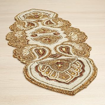 Lightnpro Beaded Christmas Table Runner, Fancy Handmade Decorative Embroidery Gold Runner for Christmas Xmas New Year Family Party Decoration - 13x36 Paisley Design
