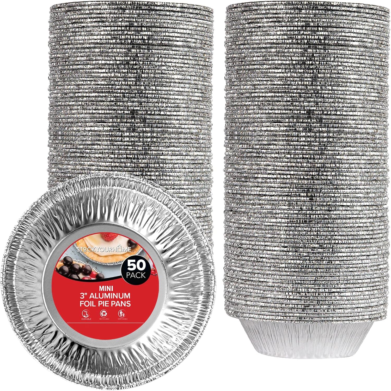 Stock Your Home 3 Inch Aluminum Foil Pie Pans (50 Count) Disposable & Recyclable Mini Pie Pans, Small Pie Tin for Baking, Cafes, and Restaurants, Durable Individual Pie Pan for Fruit Tarts, Quiche