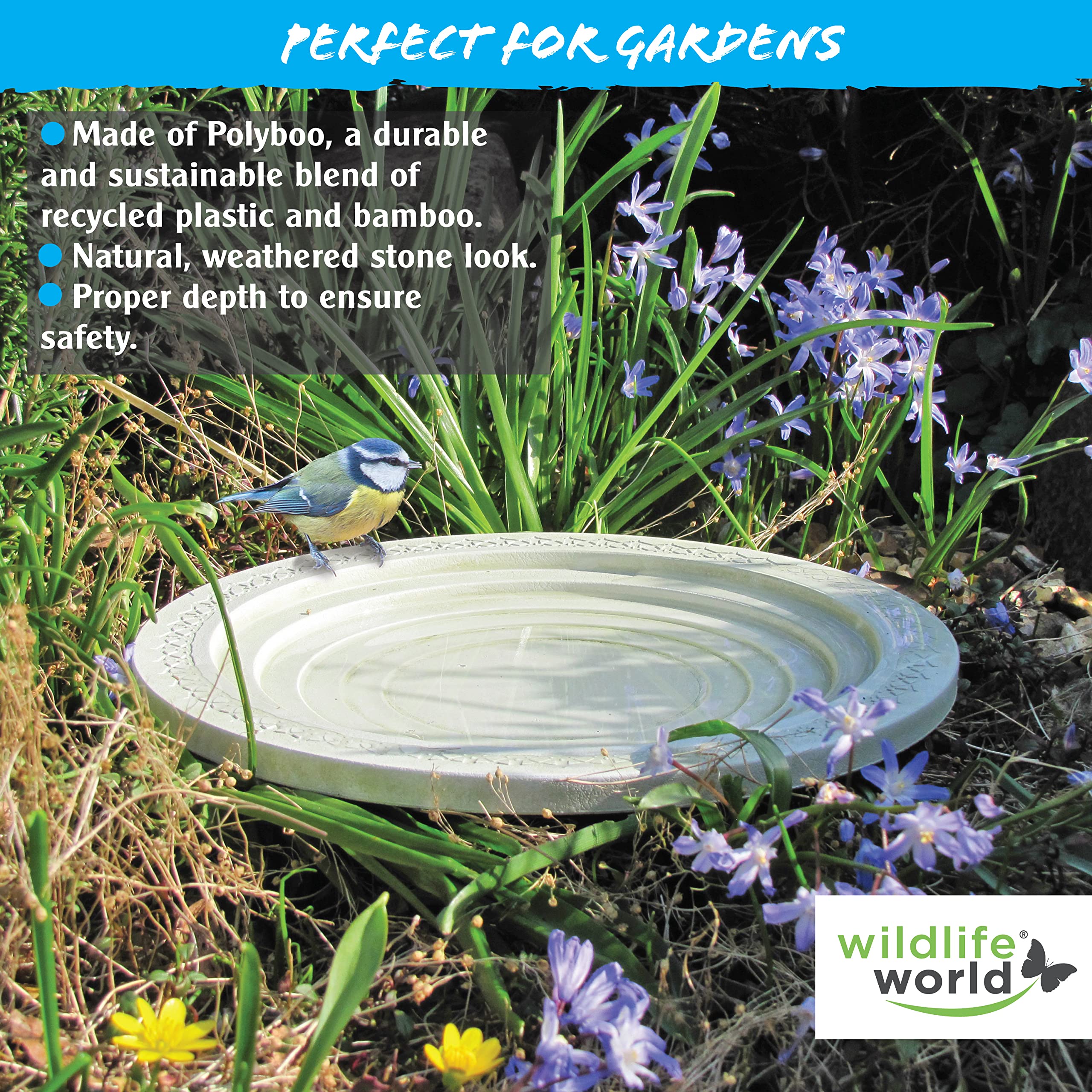 Wildlife World Nature Oasis Small Bird Bath Sustainable Outdoor Design for Birds, Bees