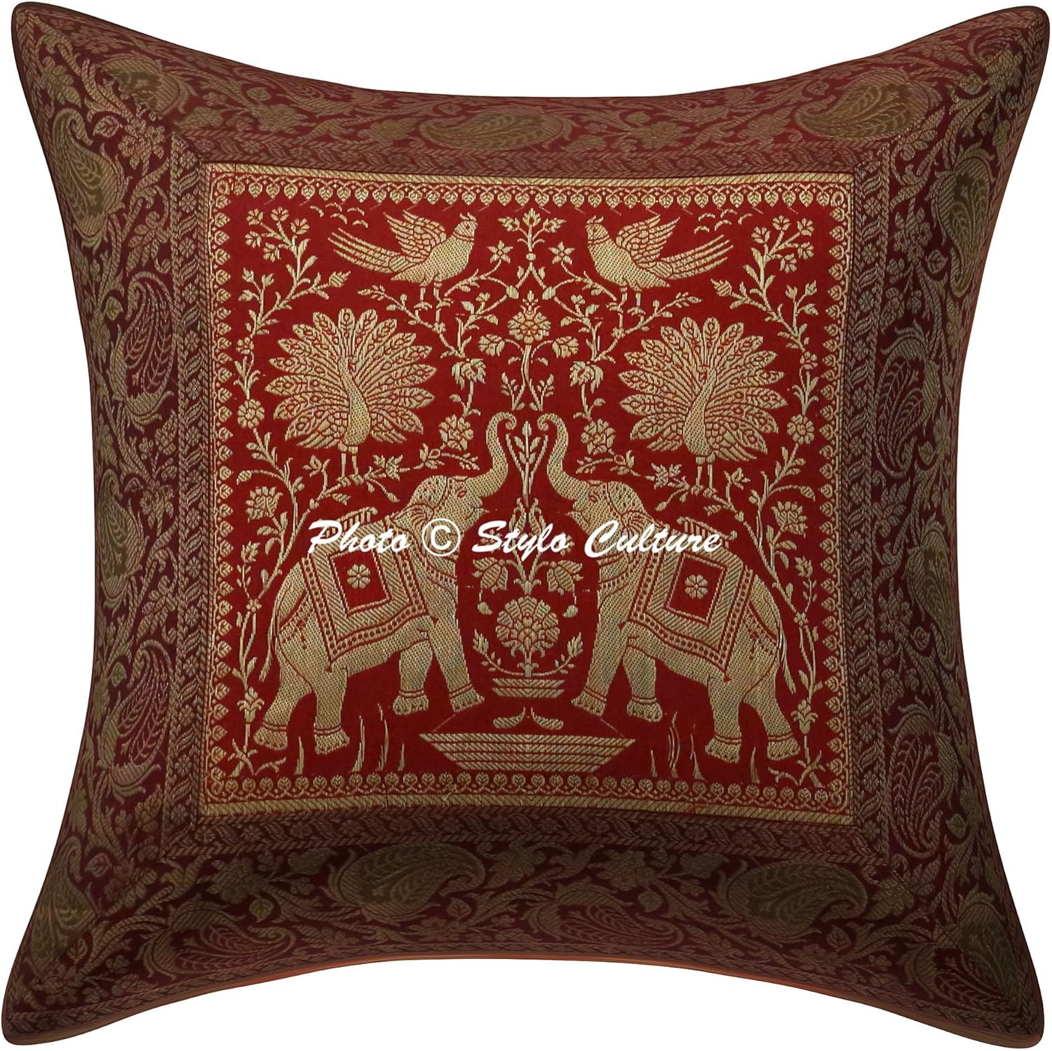Indian Elephant Sofa Couch Accent Throw Pillow Covers 40x40 cm Brocade Living Room Rust Decorative Jacquard Square Luxury Zippered Ethnic 16x16 Inch Cushion Covers - 5 Pcs