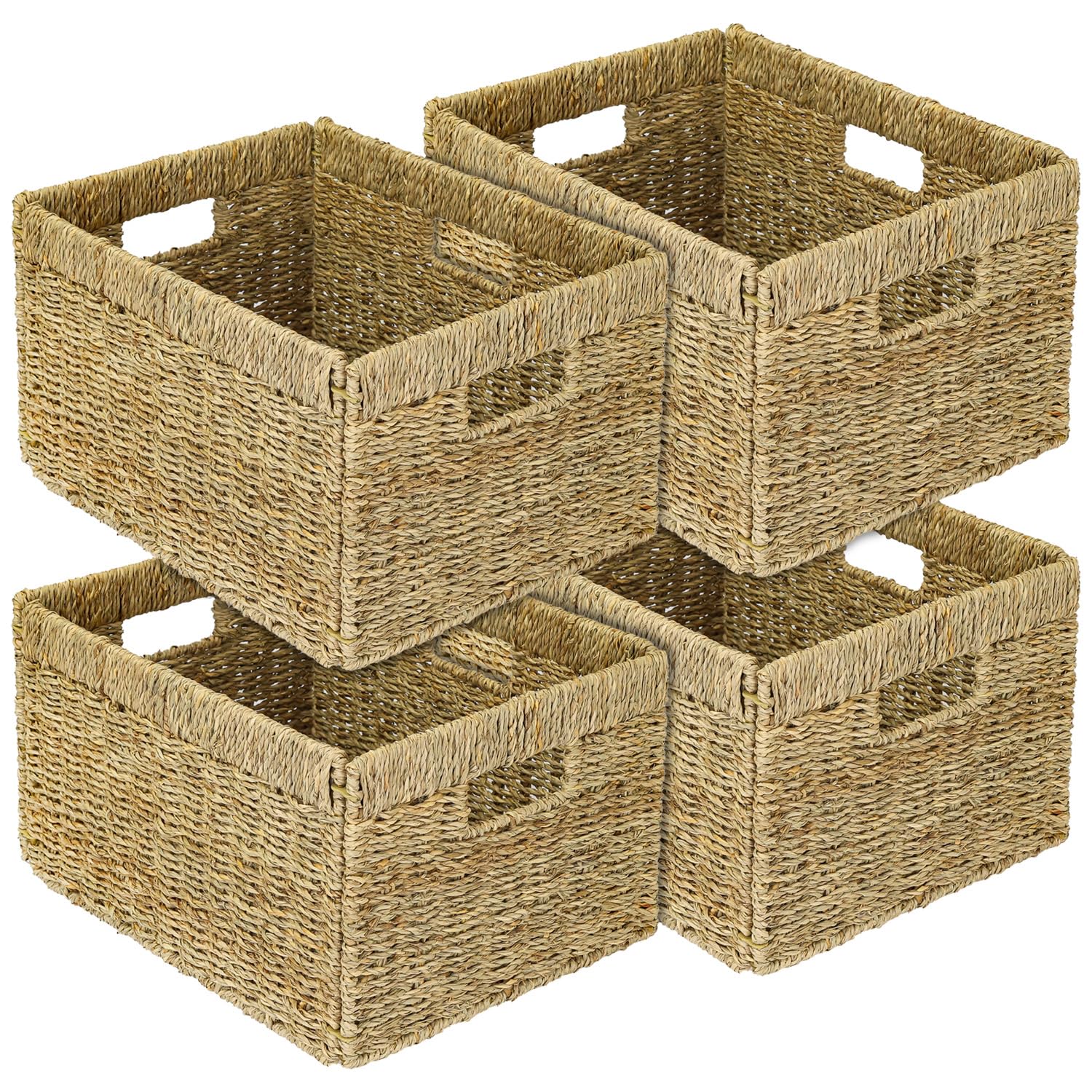 HMF Cesta de almacenamiento compatible con estantería Billy, Cesta trenzada de hierba marina con tres asas | juego de 4 | 35 x 25 x 20 cm | Natural