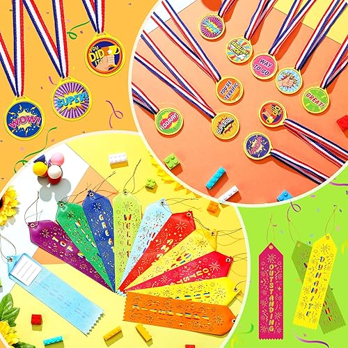 Miniatura 7 de Geyee 100 cintas y medallas de premios para el día de campo, ganador a granel, medallas de premio de plástico, medalla motivacional con cinta para