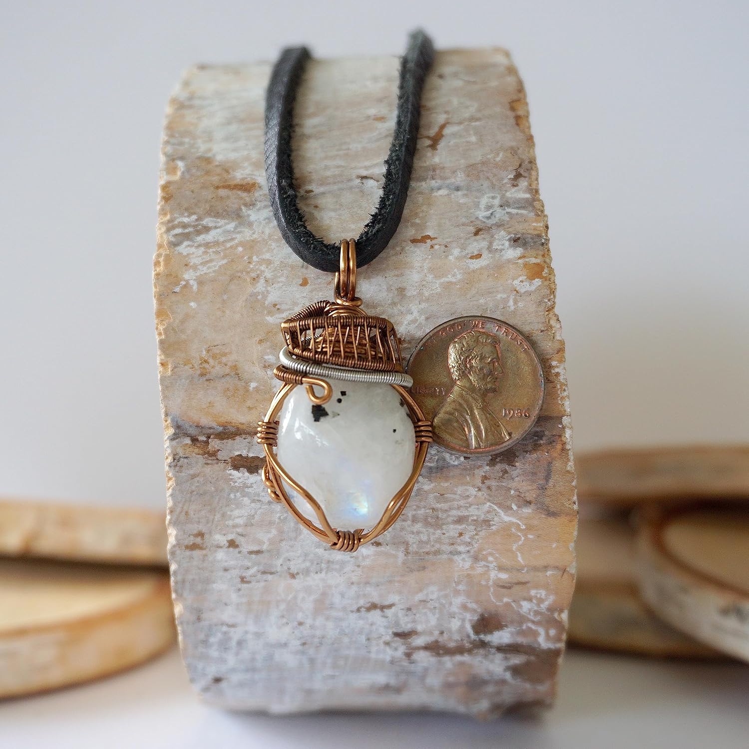 Designs by Nature Gems Moonstone Wire Wrapped Pendant, Copper Crystal Necklace, With 24 Inch Black Leather Cord, June Birthstone Jewelry, Handmade in North America