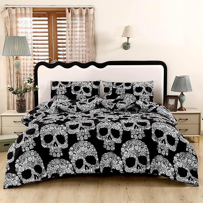 SDIII 3PCS Sugar Skull Comforter Set Queen, Soft Microfiber Lightweight Skull Comforter Queen, Goth Bedding Set for Kids Teens and Skeleton Lovers