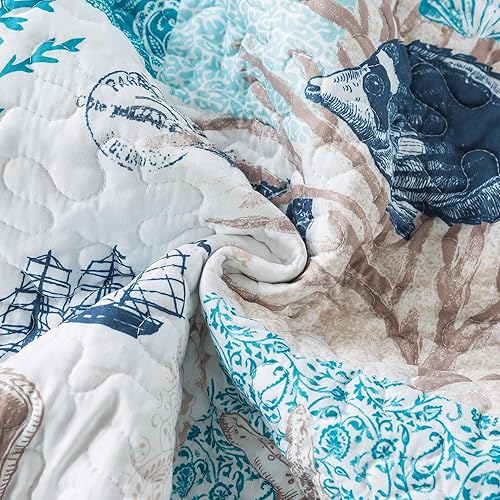 Vista 58 de NEWLAKE Juego de colcha de algodón, juego de colcha reversible de retazos, estampado real clásico turquesa, tamaño Queen Turquesa Clásico