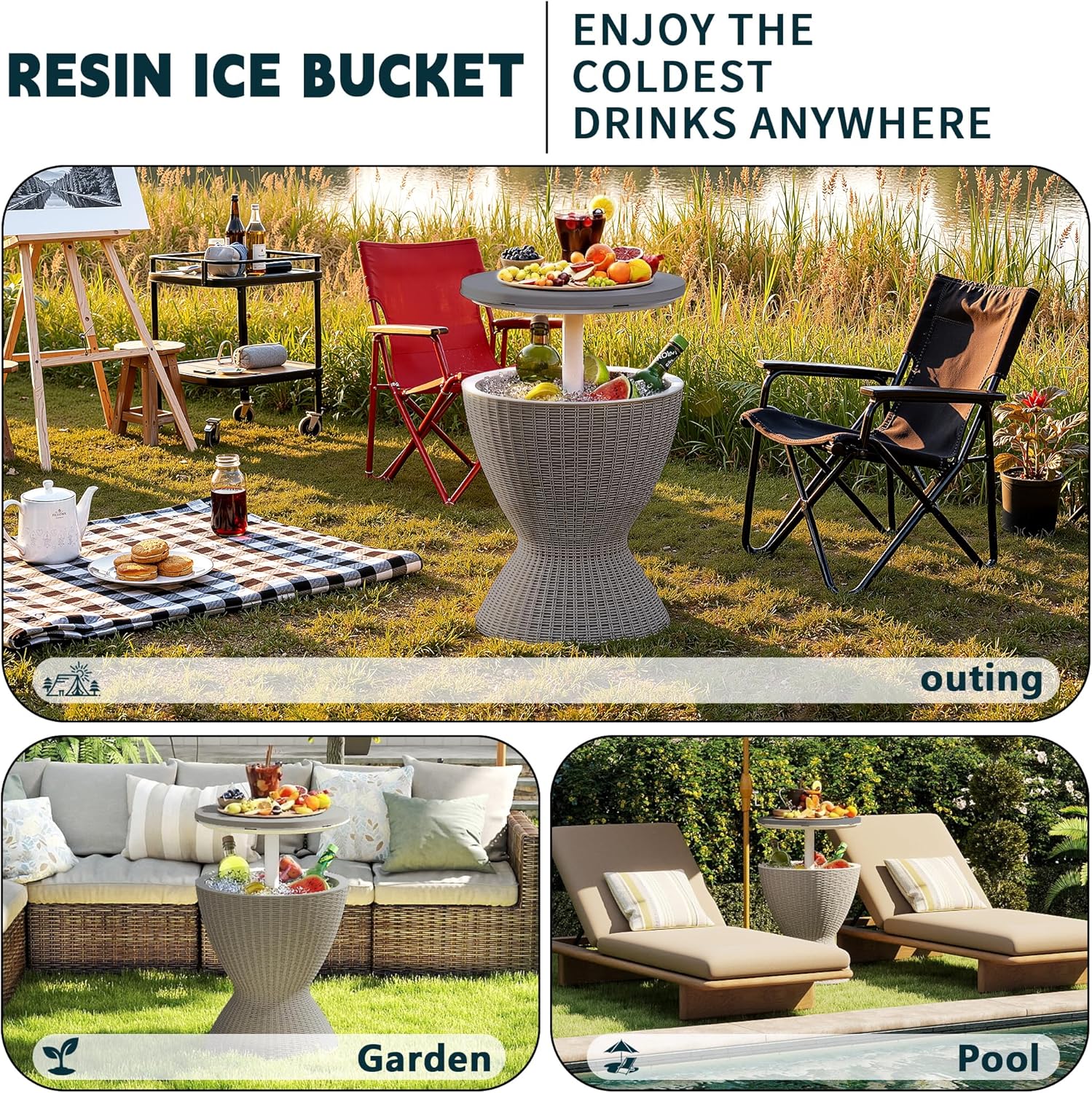 ROJIK 3-in-1 Resin Ice Bucket & Beverage Cooler – Wood Look Patio Table, UV Protection & Drain Plug for Outdoor Parties, Bars, and Poolside Use