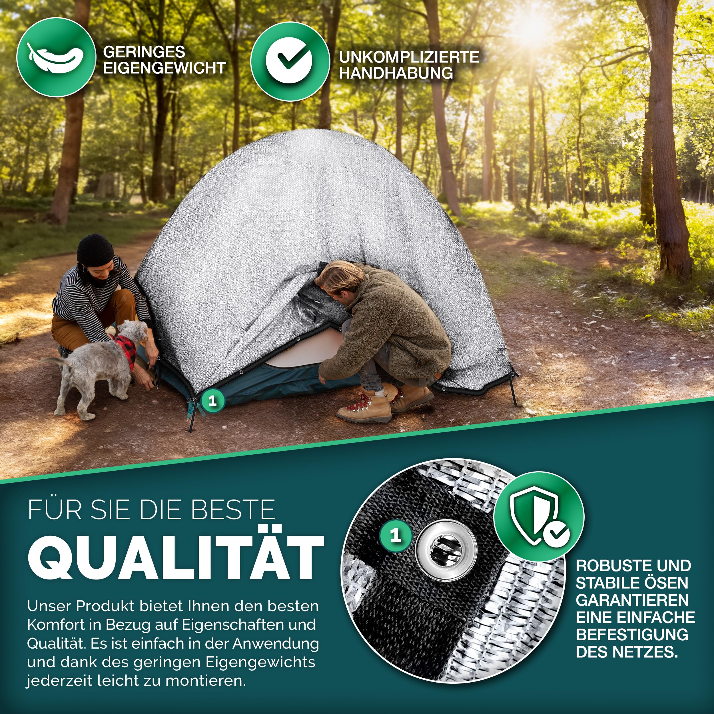 Schattennetz Auto 4x6 m | Alunetz Hund mit Ösen 80% UV | Alu Sonnenschutz für Camping & Urlaub | Sonnenschutznetz mit Befestigung | Hitzeschutz Aluminium luftdurchlässig