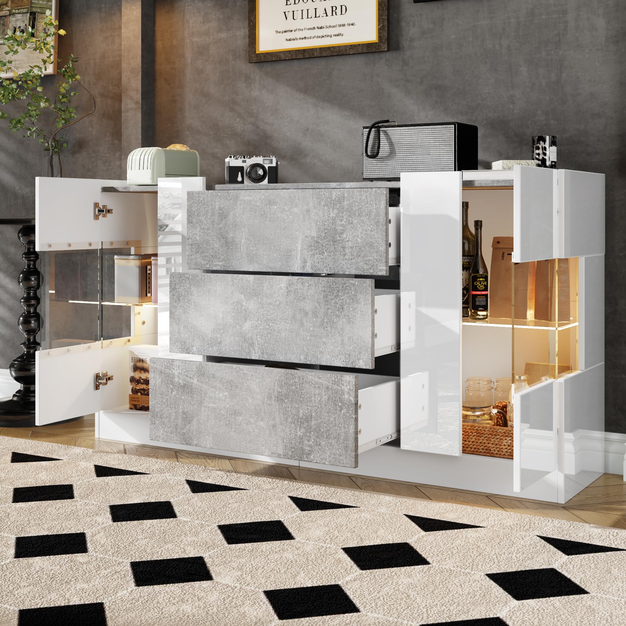 Elegante credenza con 2 ante e 3 cassetti - Frontali bianchi lucidi e effetto marmo grigio, illuminazione a LED a 16 colori, 140 x 35 x 75 cm