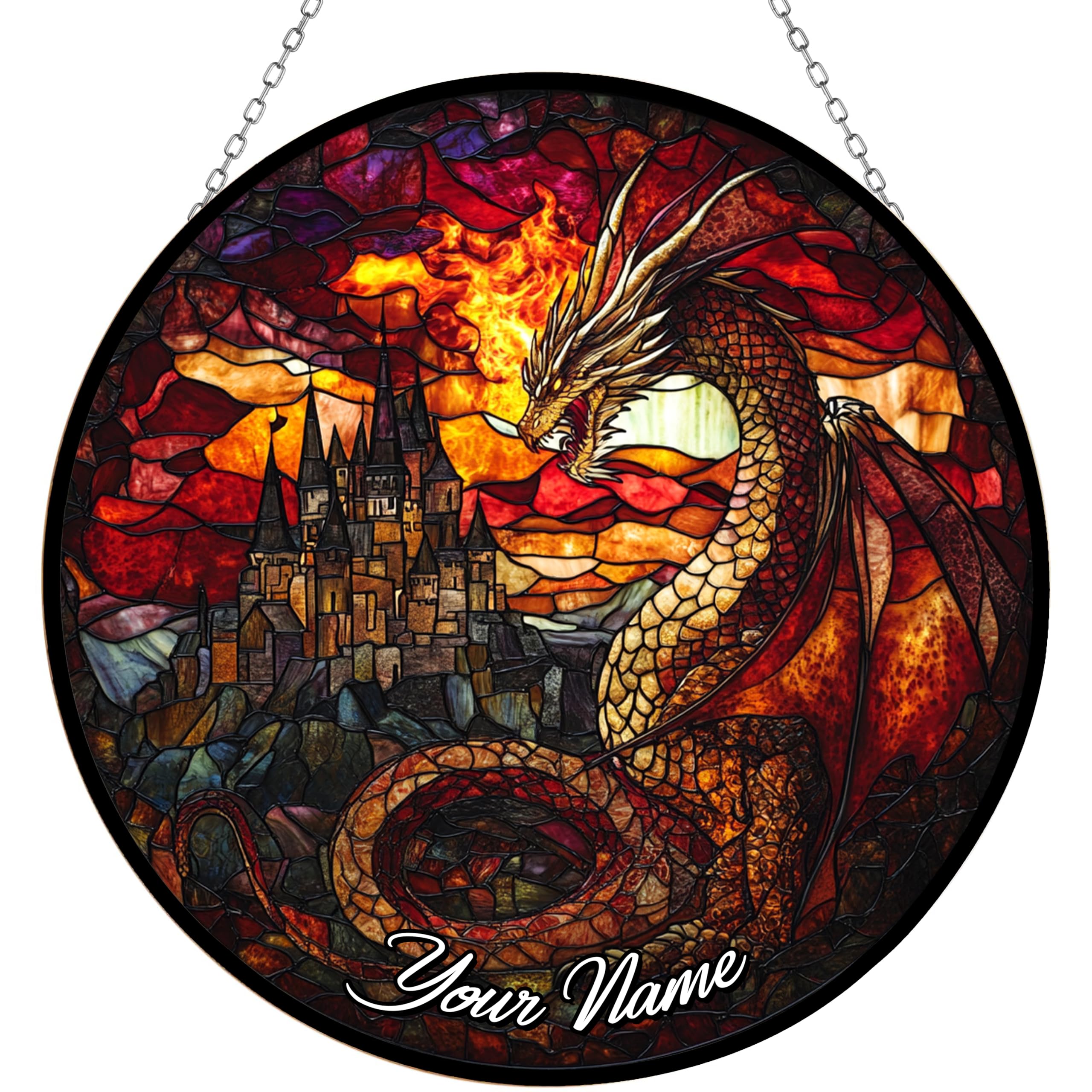 365CUSGIFTS Personalized Dugeron Dragon Stained Glass Window Hangings, Handcrafted Stained Glass Suncatchers, Gift for Cat Lovers Nature Lovers 12”x12” Mothers Day