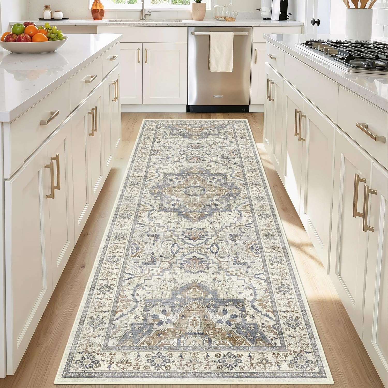 Washable Hallway Runner Rug - 2x6 Kitchen Rug Distressed Low Pile Mats Non Slip Soft Rugs for Dining Room with Rubber Backing Bedroom Runner with Vintage Design (Beige/Blue 2x6)