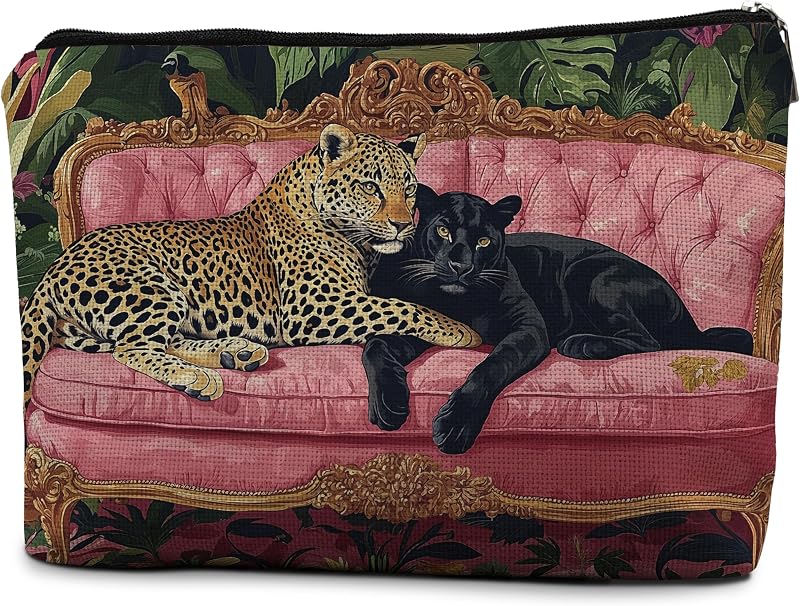 Necessaire de maquiagem efgthyjdh com zíper, estampa de leopardo e pantera-preta, 20,32 cm x 19,05 cm x 0,76 cm