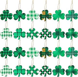 WATINC 25 Pack Clover Wooden Ornament, Classic Styles of St. Patrickâ€™s Day Hanging Wooden Pendant, Clover Shaped Cutouts Tree Pendant for Celebrate Irish Day Party,Saint Pattyâ€™s Day Home Hanging Decor