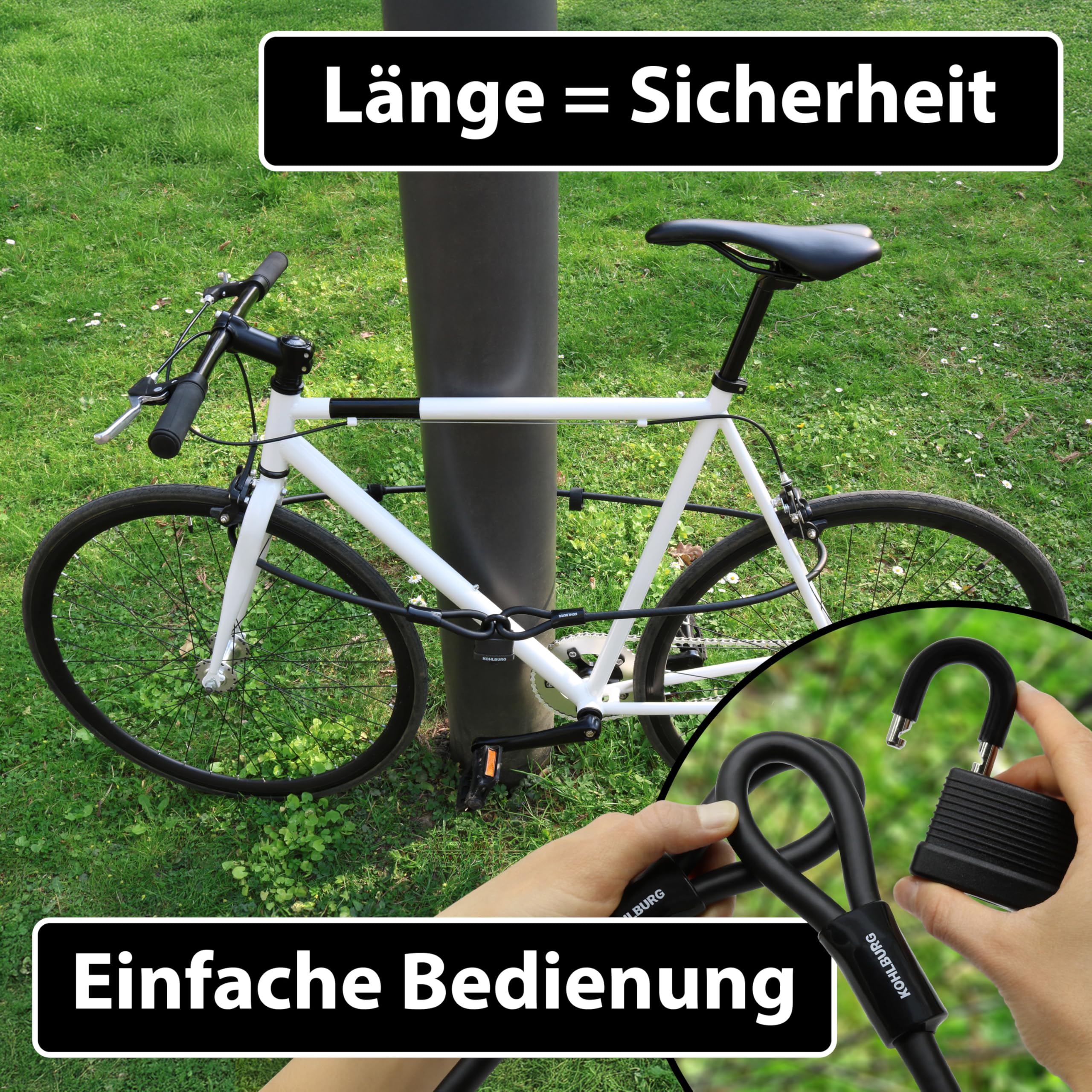KOHLBURG Kabelschloss 2m lang – Schloss mit Schlüssel einfach zuklickbar – 2 Meter Schlaufenkabel für Fahrrad & Gartenmöbel – Stahlkabel 200 cm als Fahrradschloss, Fahrradanhänger & Kinderwagen