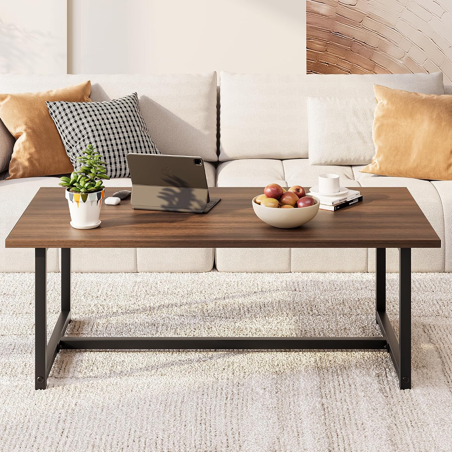 Coffee Table Living Room Table Modern Rectangular Metal Coffee Table Easy Assembly for Living Room Bedroom Walnut