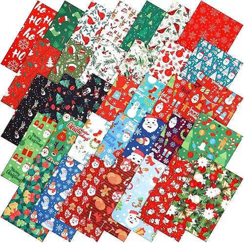 Irenare 100 Pcs 8 x 8 Inches Christmas Fabric Bundles Fat Quarters Santa Claus Precut Fabric Bundle Squares Xmas Tree Snowman Printed Sewing