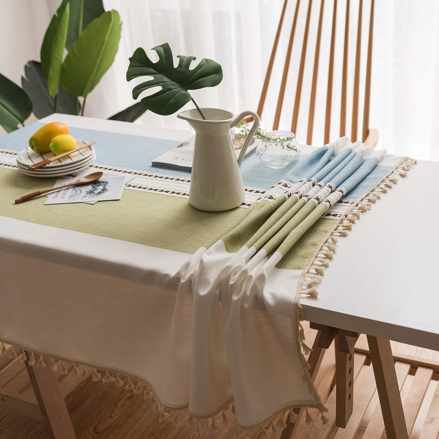 ColorBird Stitching Tassel Tablecloth Heavy Weight Cotton Linen Dust-Proof Table Cover for Kitchen Dinning Tabletop Decoration (Rectangle/Oblong, 55 x 86 Inch, Blue/Green): Kitchen & Dining