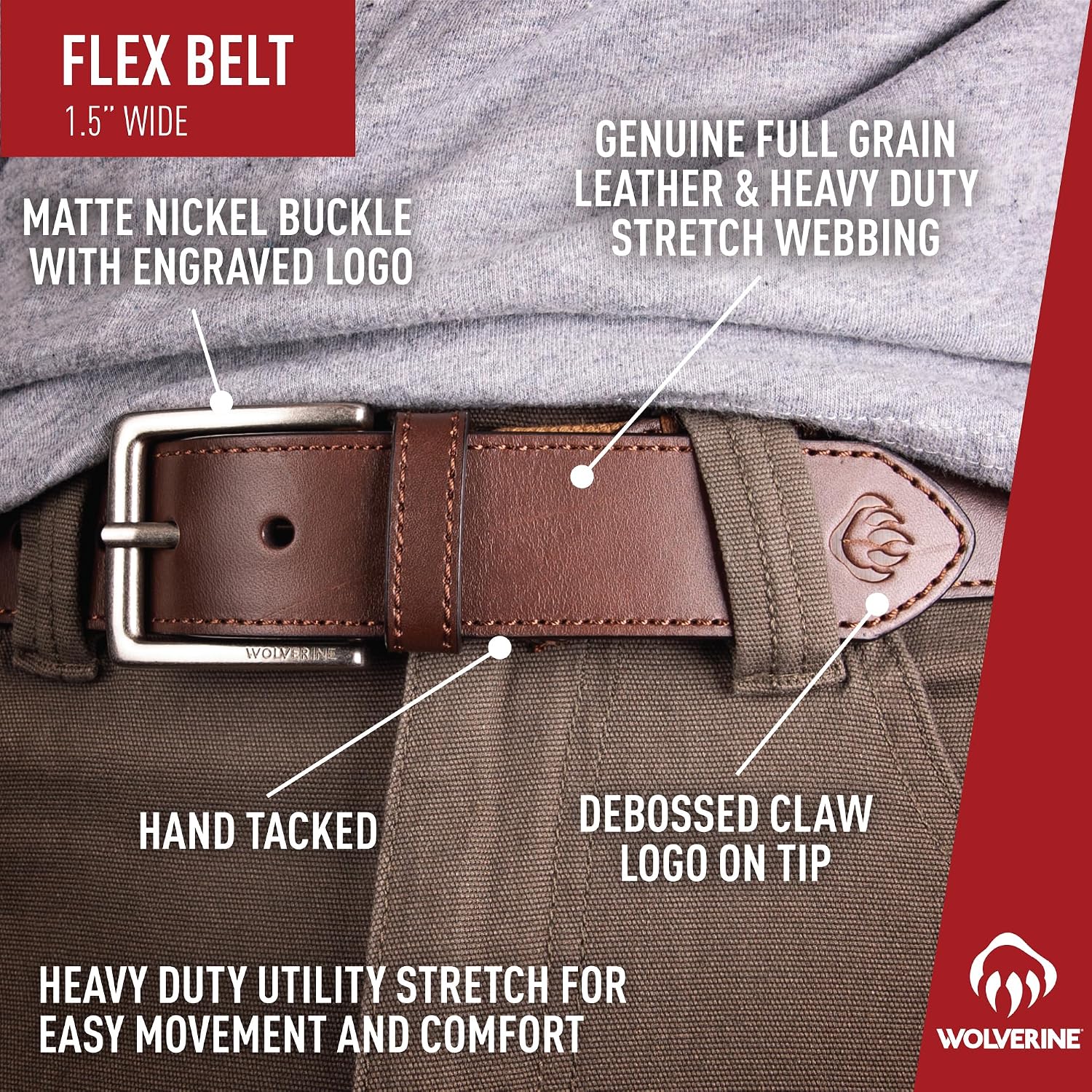 Wolverine Men's Stretch Leather Belt | Heavy Duty | Utility | Durable | Casual | Classic | Comfort | Metal Buckle
