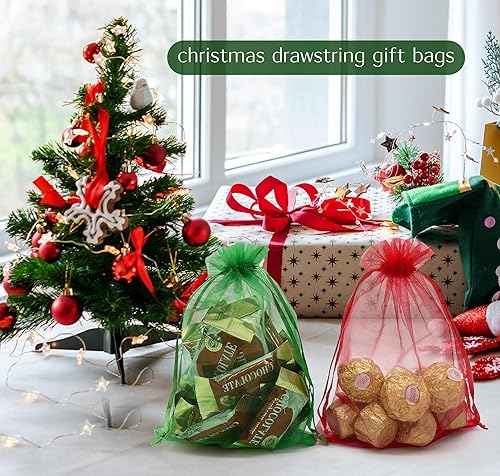 Miniatura 2 de Jexila 100 bolsas de organza roja de 5 x 7 pulgadas de malla transparente de Navidad con cordón, bolsas de regalo pequeñas para joyas, bodas,