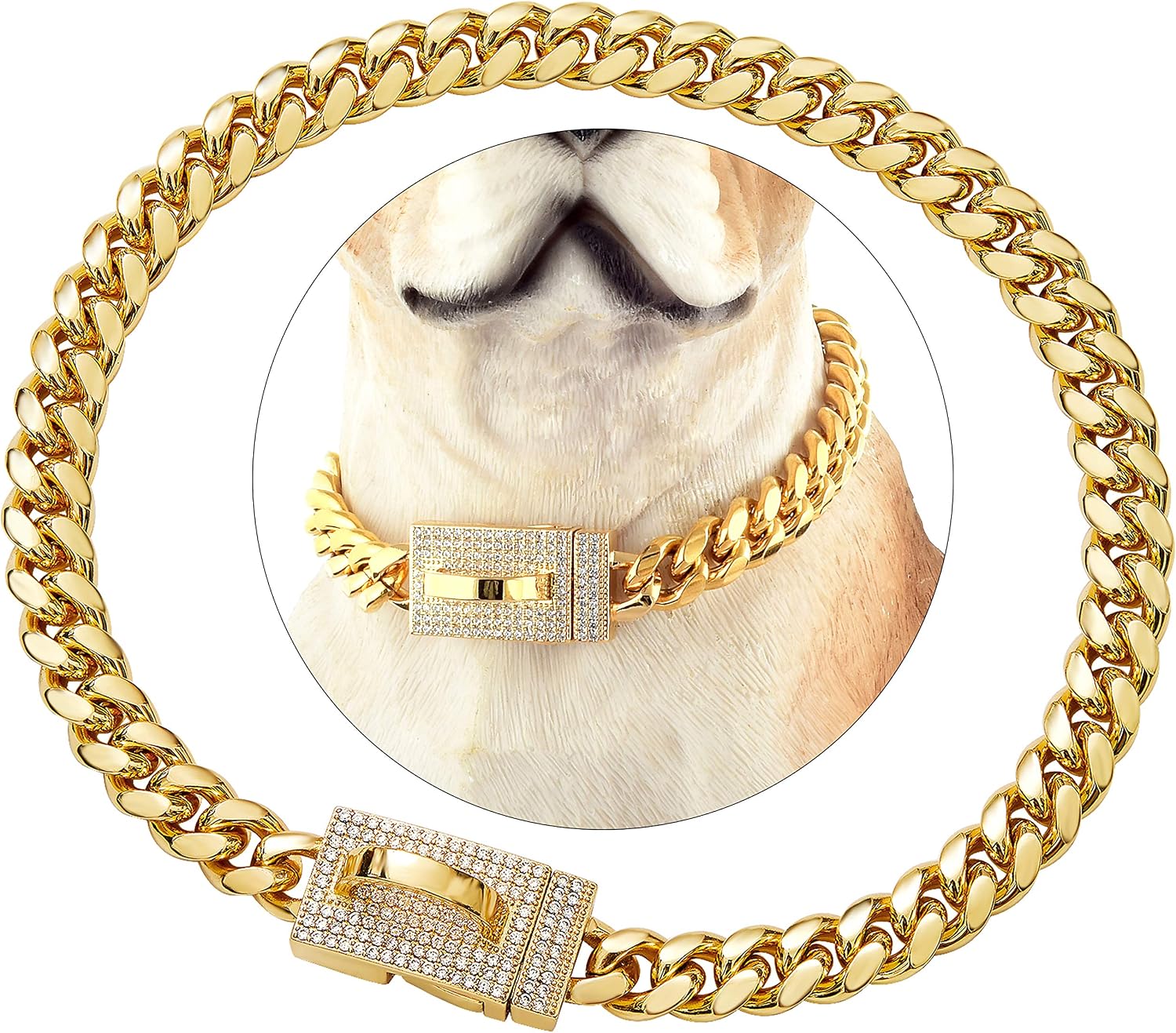 ToBeTrendy Gold Dog Chain Collar with Design Secure Buckle Bling CZ 18K Cuban Link Chain 10MM Heavy Duty Chew Proof Walking Metal Chain…
