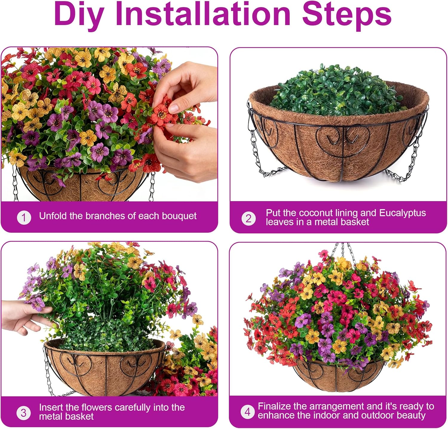 HyeFlora 2 Set Artificial Outdoor Flowers Hanging Basket, Faux Hanging Plants for Outside Spring Decoration, Fake Silk UV Resistant Look Real Daisy for Porch Patio Home Decor