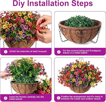 HyeFlora 2 Set Artificial Outdoor Flowers with Hanging Basket, Faux Hanging Plants for Outside Spring Decoration, Fake Silk UV Resistant Look Real Daisy Eucalyptus for Porch Garden Patio Home Decor
