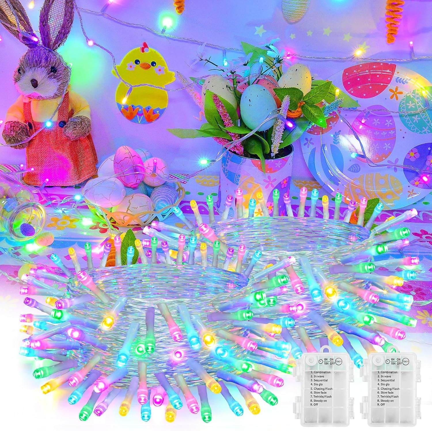 Easter String Lights Battery Operated Pastel with Timer Waterproof 8 Modes 16.4ft 50 LED Easter Decorations for Outdoor 